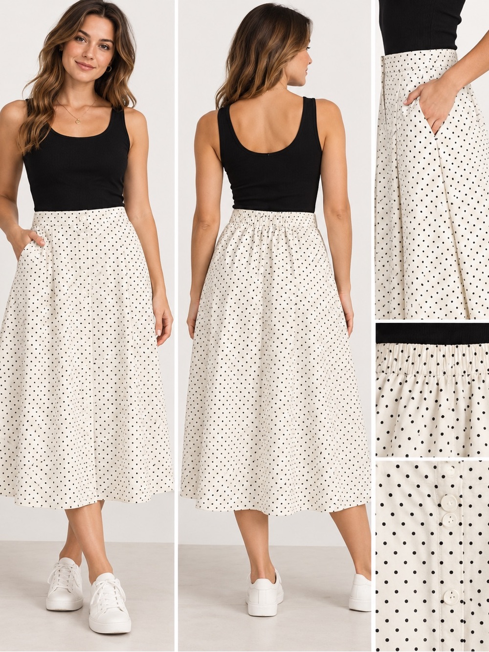 Uniqlo 99% cotton Cream Midi Skirt with Black Polka Dots S